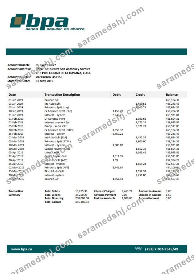 Cuba Banco Popular de Ahorro (BPA) bank statement